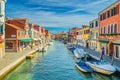 Murano islands with water canal, boats and motor boats, colorful traditional buildings, Venetian Lagoon