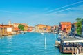 Murano islands water canal with Santa Maria degli Angeli church, boats and motor boats, row of traditional buildings