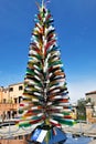 Murano, near Venice, Italy. Christmas Tree made of colourful glass tubes. The inscription