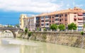 Murcia City, Murcia, Spain. June 13, 2020. Murcia city life in the Segura river and Los Peligros bridge. Cars passing and people