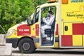 Murcia, Spain, April 18, 2020: Doctors with protective suit in anSpanish ambulance due to Coronavirus. Emergency services doing