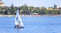 Murcia, Spain, August, 28, 2019: Family having fun in a yacht sailing through the mediterranean sea during season of Summer. Royalty Free Stock Photo