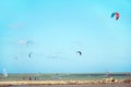 Murcia, Spain, May 26, 2029: Sportsmen and sportswomen practicing kitesurf at the Spanish coasts. Kite surf lessons for initiation