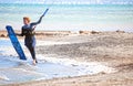 Murcia, Spain, May 26, 2029: Sportsmen and sportswomen practicing kitesurf at the Spanish coasts. Kite surf lessons for initiation