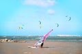 Murcia, Spain, May 26, 2029: Sportsmen and sportswomen practicing kitesurf at the Spanish coasts. Kite surf lessons for initiation
