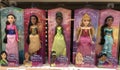 MURCIA, SPAIN - NOVEMBER 2, 2021: Five dolls representing Disney princesses on a shelf in a store of Spain