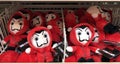 MURCIA, SPAIN - NOVEMBER 2, 2021: Many stuffed dolls from the TV series Money Heist are in baskets in the supermarket in Spain