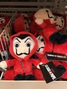 MURCIA, SPAIN - NOVEMBER 2, 2021: Many stuffed dolls from the TV series Money Heist are in baskets in the supermarket in Spain