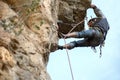 Murcia, Spain, November 9, 2019. One sportsman mountain climbing. Physical activity in the countryside. Risky sports. Mountain