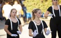 Murcia, Spain, September 12, 2019: Three girls-mimes entertain a performance on a parade at the street Royalty Free Stock Photo