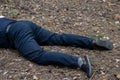 Murder in the woods. The body of a man in a blue shirt and trousers lies on the ground among the trees in the forest. Victim of an