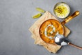 Murgh Makhani or Butter Chicken in copper bowl on gray concrete table top. Indian Cuisine dish Royalty Free Stock Photo