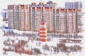 Murmansk. Cityscape. Lighthouse. Imitation of a picture. Oil paint. Illustration