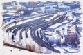 Murmansk. Freight railway station. Imitation of a picture. Oil paint. Illustration