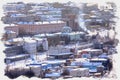 Murmansk. Freight railway station. Imitation of a picture. Oil paint. Illustration