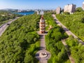 Murmansk, Russia - July 1, 2019: Aerial view memorial Lighthouse, church and anchor monuments, Panorama northern city