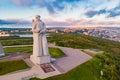 Murmansk, Russia - July 1, 2019: Aerial view panorama of city monument Defenders of Soviet Arctic Alyosha