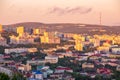 Murmansk, Russia - July 1, 2019: Panorama northern city. Cargo Port gulf of sea. Blue sky