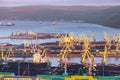 Murmansk, Russia - July 1, 2019: Panorama northern city. Cargo Port gulf of sea. Blue sky