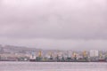 Murmansk, Russia - July 4, 2019: Panorama northern city. Cargo Port gulf of sea gray sky