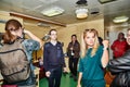 Murmansk, Russia - June 21, 2019: Group of people during an excursion to the ship historical Museum. The first nuclear powered