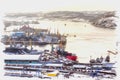 Murmansk, winter, snowfall. Sea Cargo Port. Imitation of a picture. Oil paint. Illustration