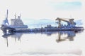 Murmansk, winter, snowfall. Sea Cargo Port. Imitation of a picture. Oil paint. Illustration