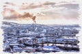 Murmansk, winter, snowfall. Sea Cargo Port. Imitation of a picture. Oil paint. Illustration