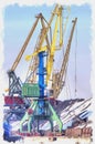 Murmansk, winter, snowfall. Sea Cargo Port. Imitation of a picture. Oil paint. Illustration