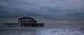 Murmuration of starlings over the remains of West Pier, Brighton UK. Photographed at dusk. Royalty Free Stock Photo