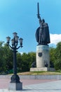 Murom. Russiy. Street lamp and monument to Ilya Muromets on the bank of the Oka River