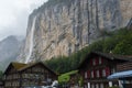 Murren, Switzerland - August 13, 2019 - view of Lauterbrunnen Waterfall at the foot of the mountains