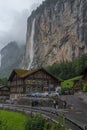 Murren, Switzerland - August 13, 2019 - view of Lauterbrunnen Waterfall at the foot of the mountains
