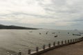 Murudeshwar temple view from inside with sea horizon and boats