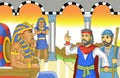Musa and pharaoh in the palace guarded by guards cartoon illustration