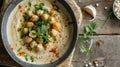 a musabaha dish adorned with chickpeas and tahini sauce, providing abundant room for textual content.