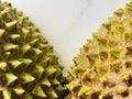 Musang King Durian shell with pointed thorns, the colour of its husk green to brown. Select focus.