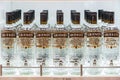 Bottles of Smirnoff vodka on a shelf in duty free shop airport. Black label Royalty Free Stock Photo