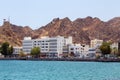 Mutrah Corniche with the Mutrah Fort in Muscat. View of a fort in Muttrah district of Muscat. Royalty Free Stock Photo