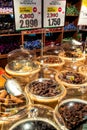 Various sweet dates and nuts in grocery supermarket in the capital Muscat. Sultanate of Oman