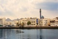 Masjid al-Rasool Mosque on the seafront of the Corniche of Mutrah in Muscat Oman at sunset with nobody