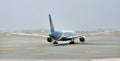 Muscat, Oman, picture dated August 28, 2019: Muscat new airport with Oman air planes. Oman air. BOEING 737-900ER.