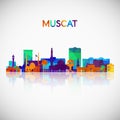 Muscat skyline silhouette in colorful geometric style.