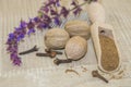 Muscat walnut and purple flower Royalty Free Stock Photo