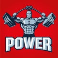 Muscle bodybuilder man lifting heavy barbell with knot. Gym logo template or t shirt print design. Vector illustration