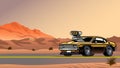 Muscle car with big engine on the desert road