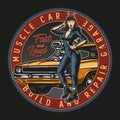 Muscle car custom garage round emblem Royalty Free Stock Photo