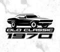 Muscle car illustration. Old classic car t-shirt print, logo, emblem. Element for flyer, banner and poster