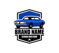 muscle car logo- vector car isolated on blue looks elegant from a stylish front and great for emblems, badges, clothes Royalty Free Stock Photo