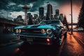 Muscle car on the streets of Seattle at night, illustration AI